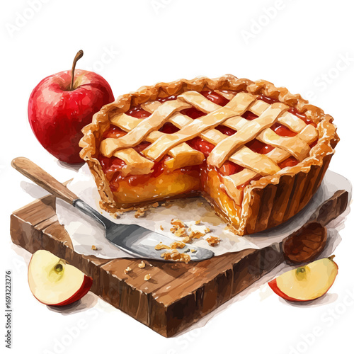 Apple Pie, watercolor clipart vector, isolated on a white background.