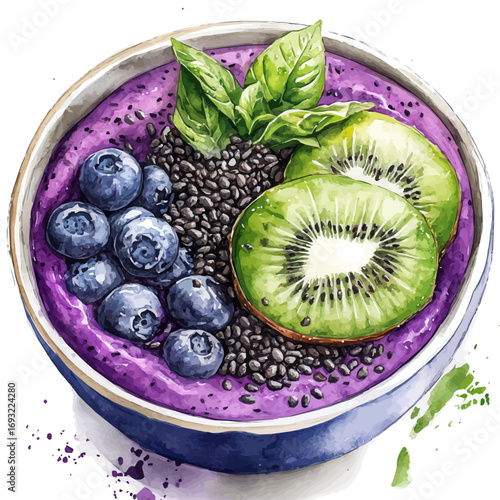 Acai Bowl, watercolor drawing vector, isolated on a white background.