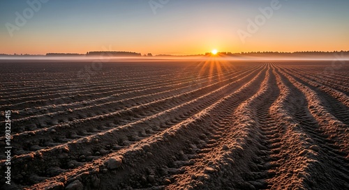 Sunrise Over a Freshly Plowed Farmland.
