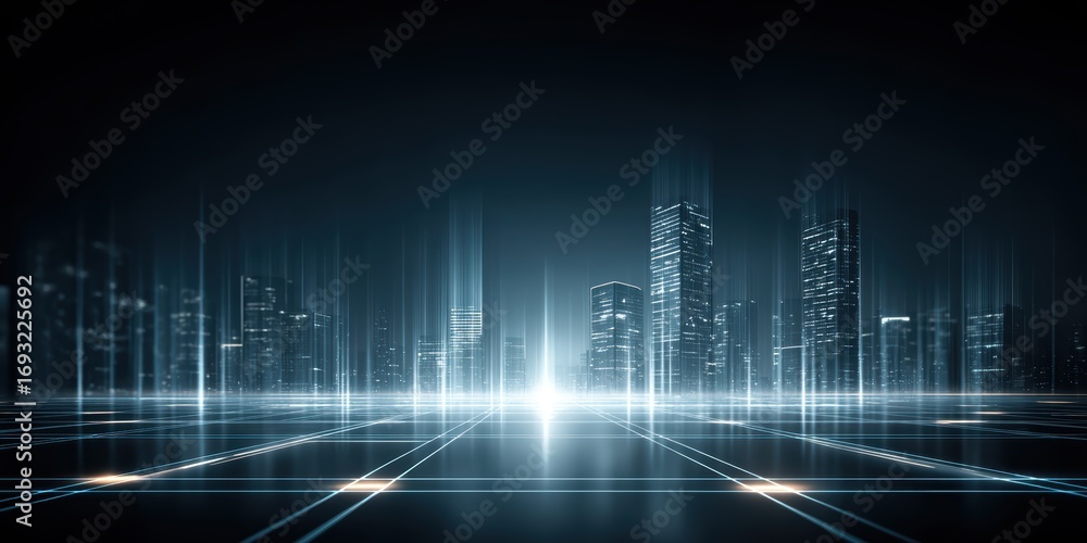 Fototapeta premium Futuristic Cityscape: Digital Network, Technology, Innovation