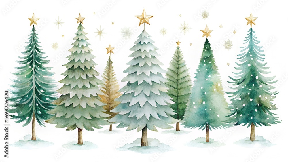 Obraz premium Watercolor illustration of a row of decorated christmas trees with stars on white background