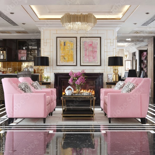 A luxurious living room interior design showcases a sophisticated color palette of vibrant pink, accented by black and gold details.