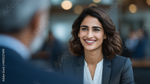 Business meeting scene with Indian HR manager and employee in professional office interior, employee evaluation, attentive listening, career development, teamwork atmosphere.HR man