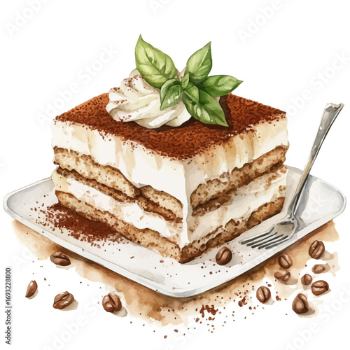 Tiramisu, watercolor vector, isolated on a white background.