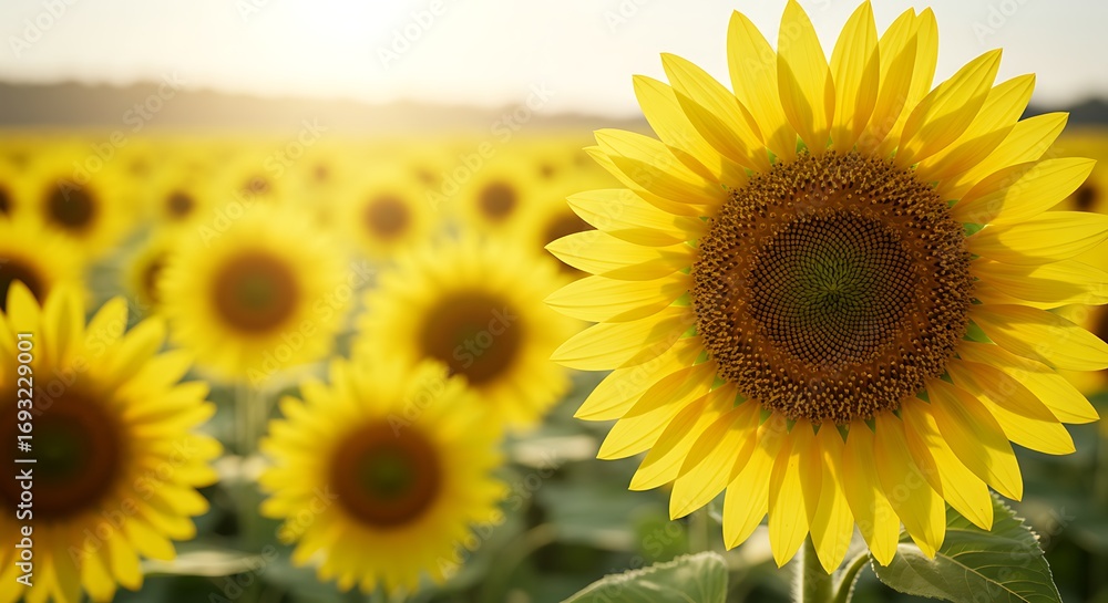 Fototapeta premium Yellow Sunflower Blossoming in Field, Golden Light, Summer