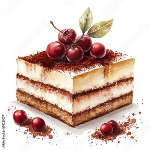 watercolor vector of Tiramisu, isolated on a white background.