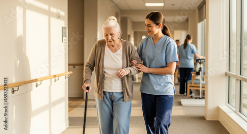 Nurse assisting senior woman walking with cane in nursing home hallway