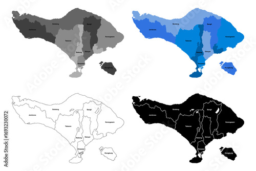 Bali Island Map Indonesia Vector Illustration with District and City Names, Detailed Administrative Boundaries, Colored, Black Silhouette and Line Art Styles, Editable EPS for Education Tourism and De