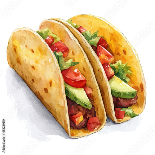 Taco, watercolor illustration vector, isolated on a white background.
