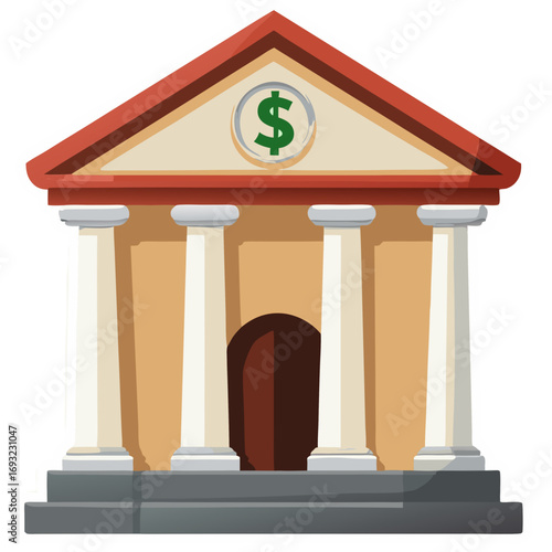 Vector illustration of a classic bank building with large columns. An isolated cartoon icon representing finance, savings, investment, and the economy