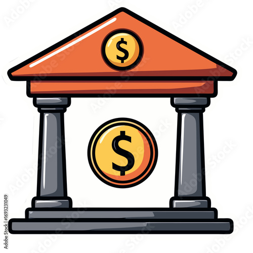 Stylized bank building icon with columns and a dollar sign coin symbol. Vector graphic illustration representing finance, investment, savings, and economic concepts on a white background