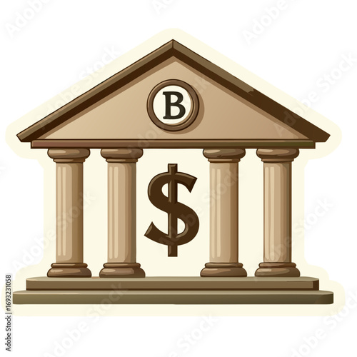 Classic bank building cartoon with columns and a dollar sign, representing finance, wealth, banking services, and secure investment management