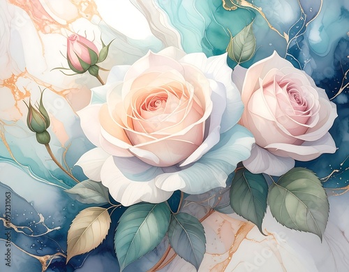 Delicate roses on a marbled background