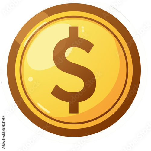 Cartoon gold coin with a dollar sign. A shiny vector icon representing currency, wealth, and money for game assets or financial concepts isolated on a white background