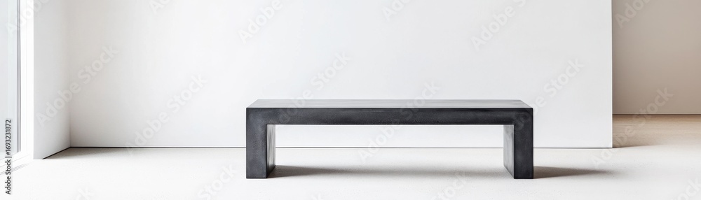 Obraz premium Minimalist Dark Stone Table Against White Wall, Furniture , Modern