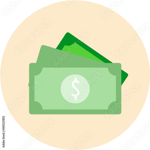 A simple vector illustration of green dollar banknotes in a flat design style. This icon symbolizes concepts of cash, finance, wealth, payment, and investment