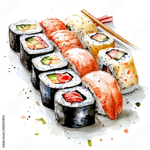 Sushi, watercolor painting vector, isolated on a white background.