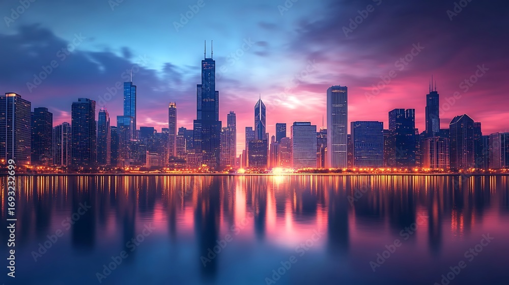 Fototapeta premium Urban lights shimmering on water in city high resolution picture