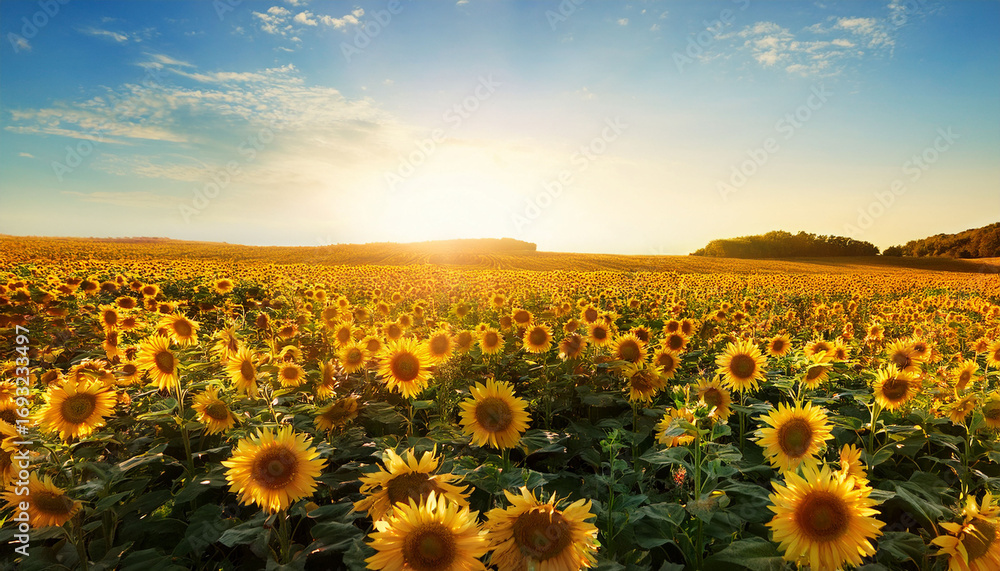 Obraz premium Vibrant Sunflower Field Blossoms Under Bright Sunlight During Daytime