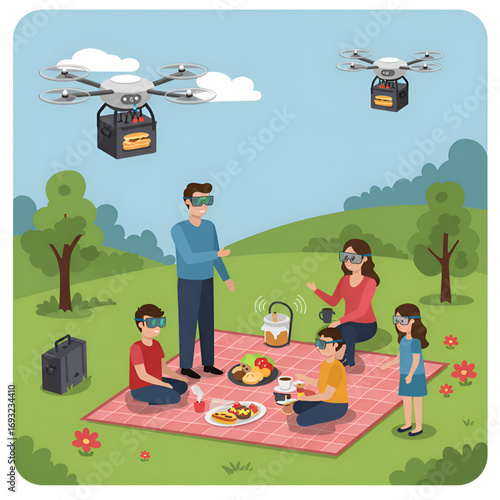 Family Picnic with VR Glasses and Drone Food Delivery – Isometric Cartoon Illustration