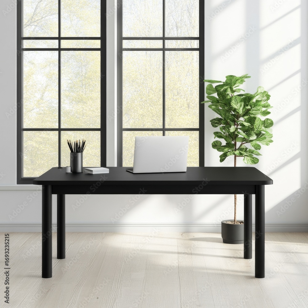 Fototapeta premium Minimalist Home Office Black Desk, Fiddle Leaf Fig, Large Window, homeoffice , interior
