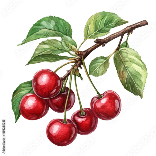 Sour Cherry, watercolor drawing vector, isolated on a white background.