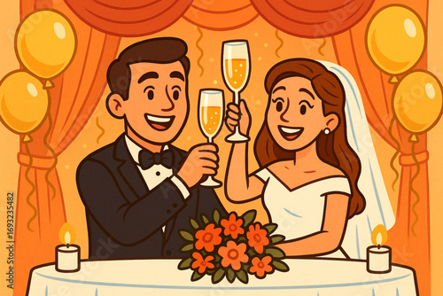 Caricature Illustration of Happy Newlyweds Toasting Champagne with Elegant Decorations Balloons Vibrant Warm Festive Scene