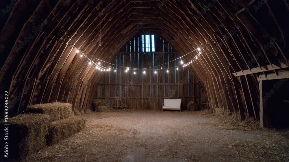 Fototapeta premium Rustic Barn Interior, Hay Bales, Event Space, Lights