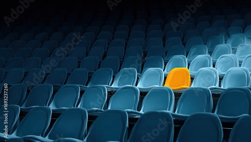 A single, illuminated, bright-yellow seat amidst a sea of dark-blue stadium seats
