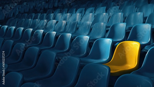 Empty stadium seats, one highlighted yellow