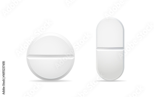 Medical pills vector realistic illustration set. Pharmaceutical tablet designs. White pills. Medicament pills
