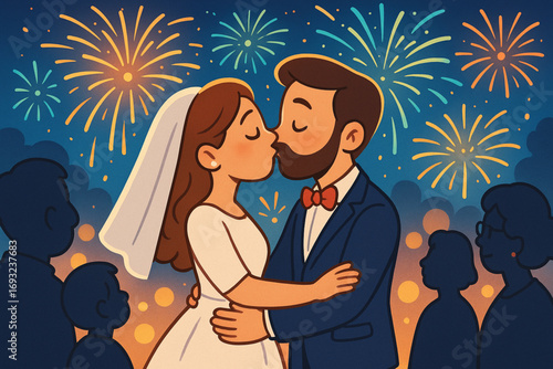 Cartoon Illustration of Newlyweds Kissing Under Fireworks with Family Silhouettes Vibrant Festive Romantic Scene