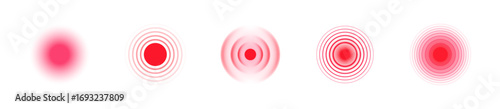 Set of pain circles. Red pain circles. Pain place, localization sign and pain spots. Pain localization sign and pain pointings. Red concentric circles