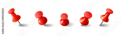Realistic push pins. Push pin vector illustration. Red pin for pinning board. Set of push pins in different angles