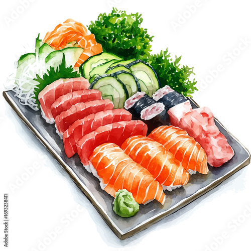 Sashimi, watercolor illustration vector, isolated on a white background.