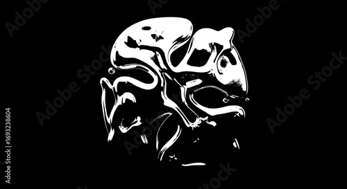  chrome holographic fluid shapes and stars. Abstract liquid mercury metallic icon.  rendering aluminum gradient shape design . Brutalist futuristic style, melted substance on black background