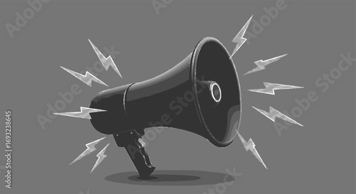 3D Blue megaphone and flash lightnings. Special offer. Social media promotion. Marketing time concept. Loudspeaker or speaker object. Realistic design emoji icon.  Vector illustration
