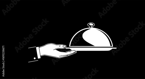Hand holding Silver serving cloche raised above empty golden plate, cut out
