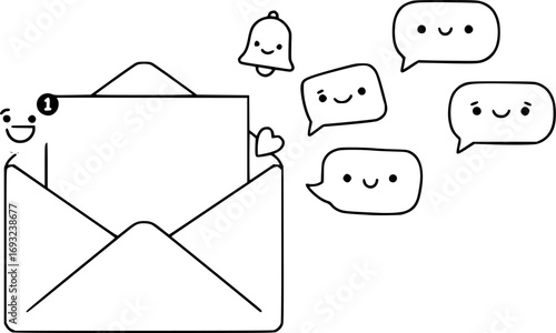 Opened letter in envelope with bell notification and blue speech bubble messages. Email contact and communication. Business and office cartoon emoji icon. Newsletter concept. Vector illustration