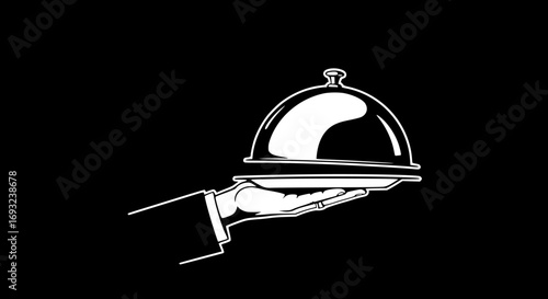 Hand holding Silver serving cloche raised above empty golden plate, cut out
