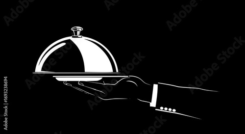 Hand holding Silver serving cloche raised above empty golden plate, cut out
