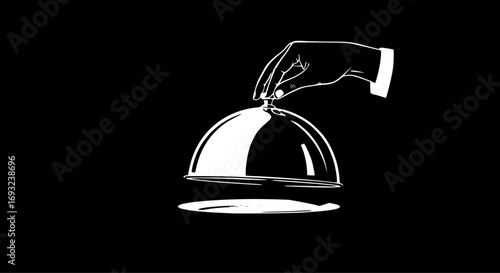 Hand holding Silver serving cloche raised above empty golden plate, cut out
