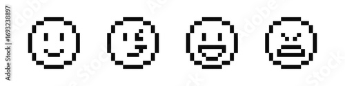 Pixel emojis. Pixel art faces. Retro pixelated emojis. Pixel art smile emoticon