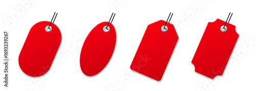 Product tag different shapes blank collection. Red tags vector mockup set.