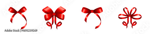 Red ribbon bow vector collection. Decorative gift wrap set.