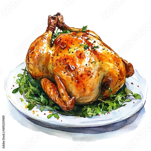 Roast Chicken, watercolor drawing vector, isolated on a white background.