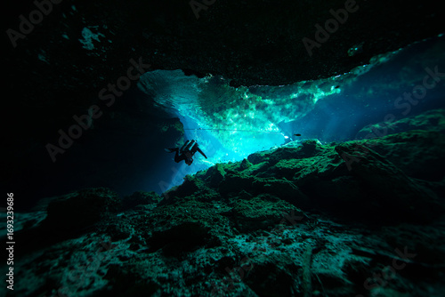 Cave Diver in Nicte Ha Cenote in the Yucatan Peninsula, Mexico