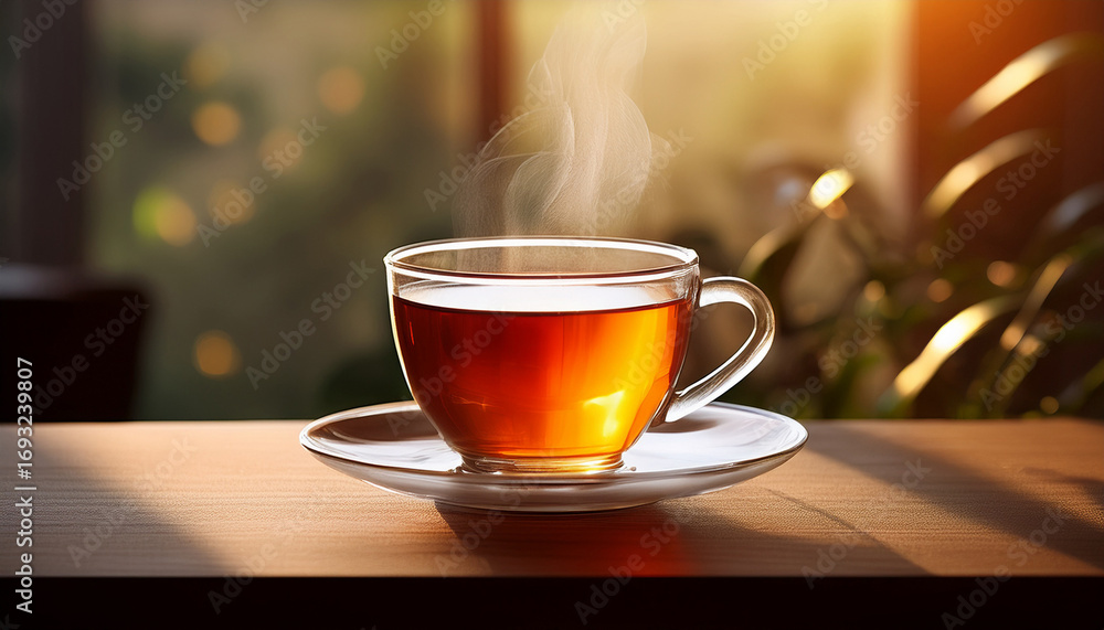 Fototapeta premium Steaming Cup Of Tea In Clear Glass Placed On Saucer Light And Airy Feel