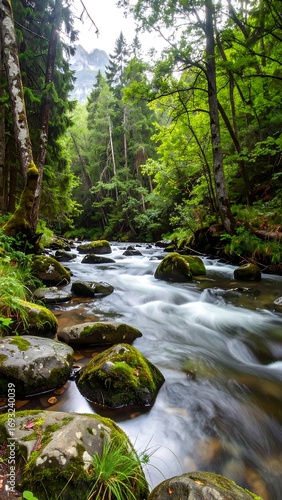 Serene river flowing through lush forest