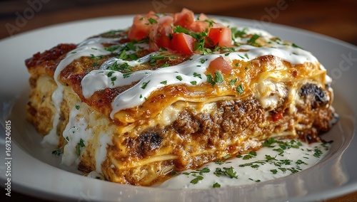 Wallpaper Mural Delicious lasagna with meat, cheese and sauce on plate Torontodigital.ca